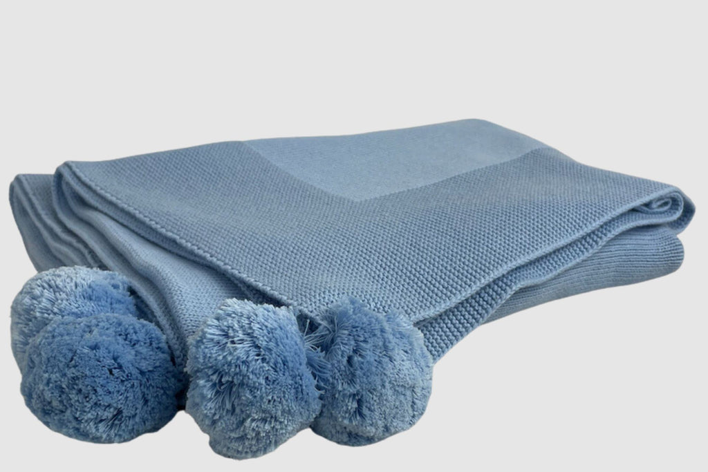 Knit Baby Blanket with Pompoms 100% Cotton