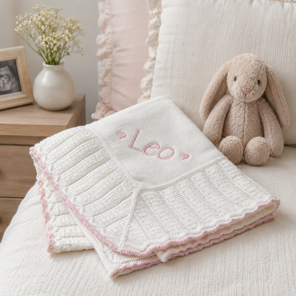 Cotton Jersey Baby Blanket with Knitted Color-Tipped Pointelle Border