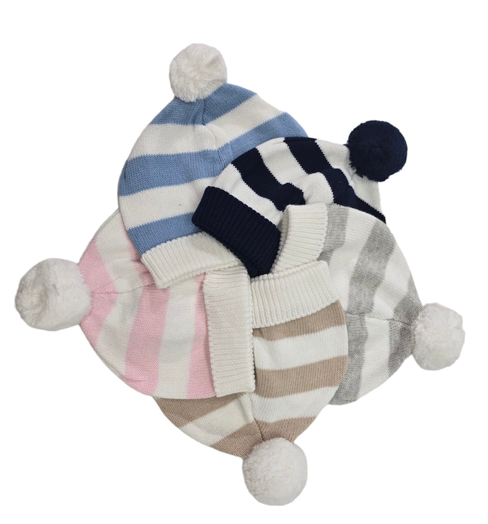 Cotton Striped Hat with Pompom