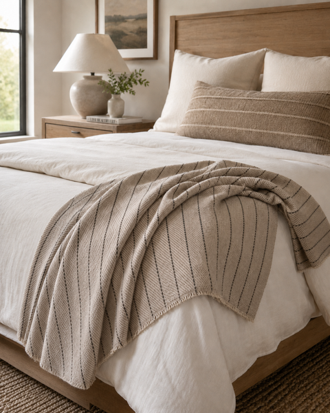 Cotton-Blend Pinstripe Throw with Eyelash Fringes