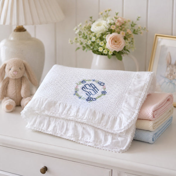 Stonewashed Puckered Blanket with Dotted Swiss Ruffle