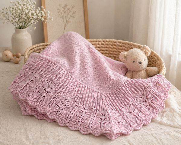 Cotton Jersey Baby Blanket w Knitted Scallop Lace Border