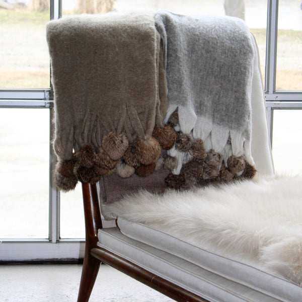 Wool Blend Mohair Trimmed with Rabbit Fur Pom Poms - 50" x 60"